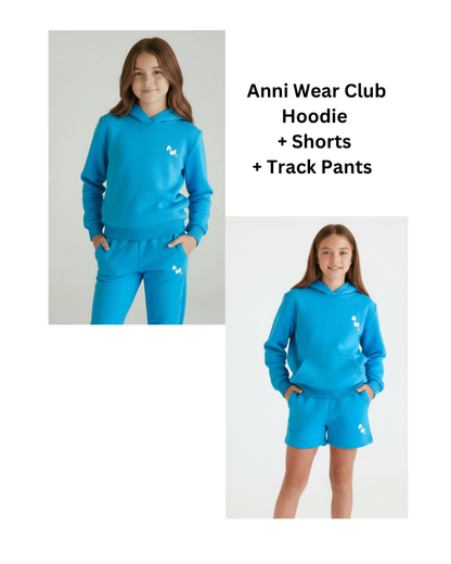 Blue tracksuit with hoodie, shorts, and pants worn by a girl on a white background.
