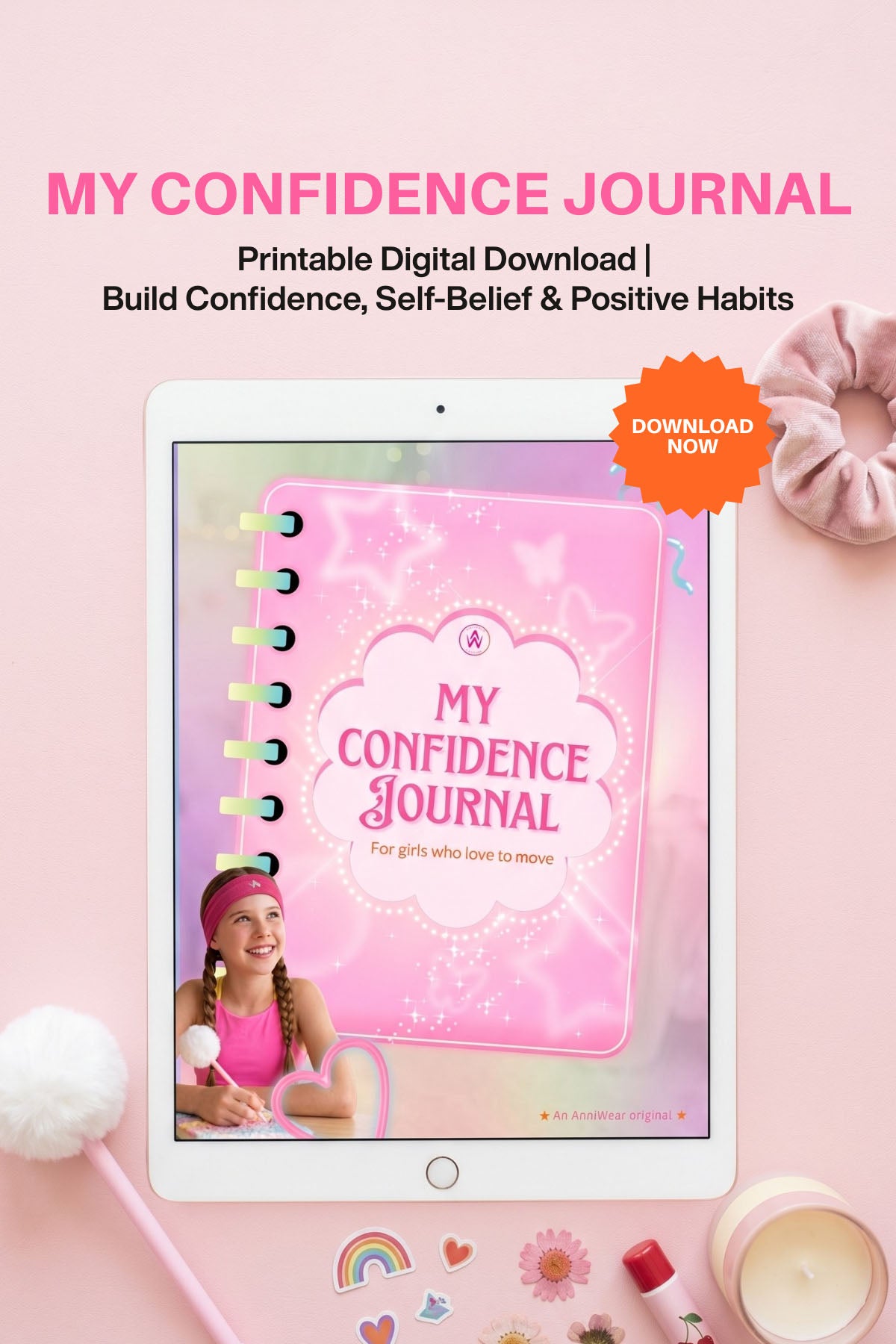 Digital download of 'My Confidence Journal' on a tablet with a pink background