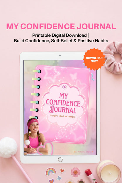 Digital download of 'My Confidence Journal' on a tablet with a pink background