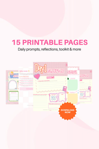 Promotional graphic for 15 printable pages with daily prompts and reflections on a pink background.