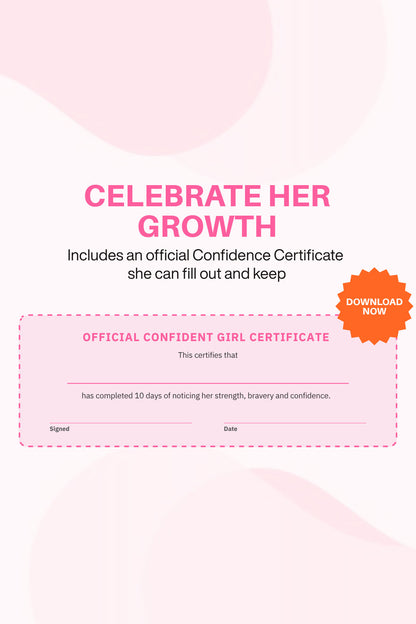 Pink certificate template with text 'Celebrate Her Growth' and a download button on a light pink background.