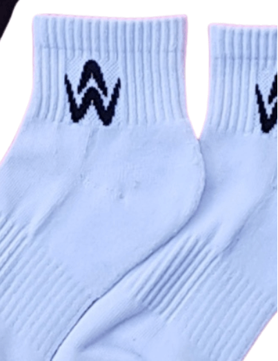 White socks with black letter 'AW' logo on a white background