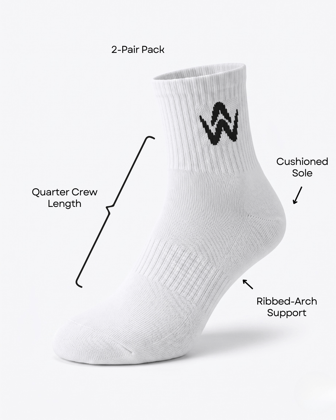 White sock with black logo on a white background, labeled for features.