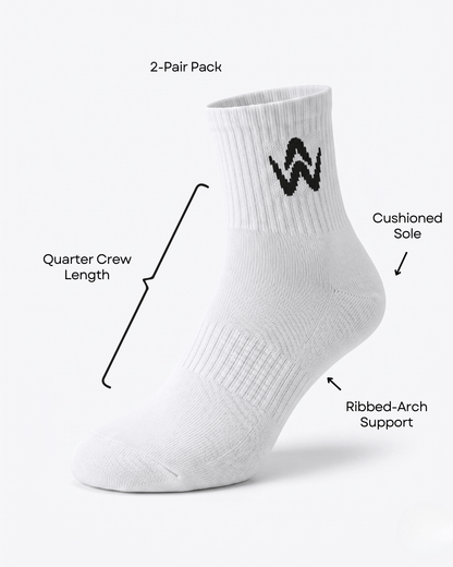 White sock with black logo on a white background, labeled for features.