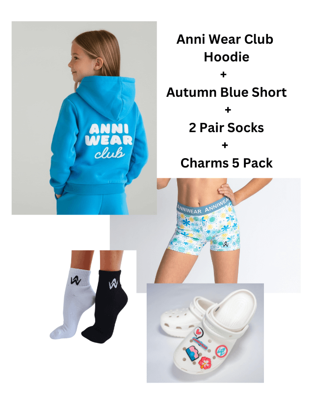Children's clothing set with hoodie, shorts, socks, and crocs featuring 'Anni Wear' branding.