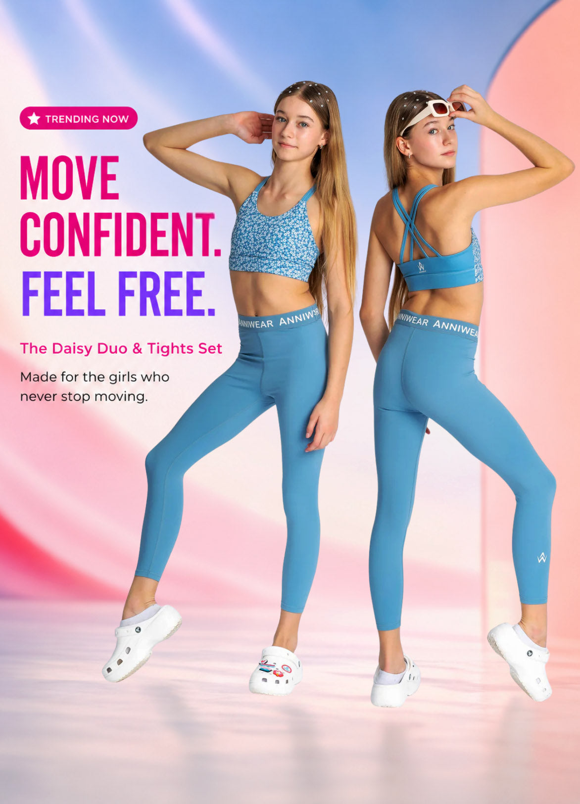 advertisement banner with two girls wearing blue crops and tights activewear with a move confident and feel free texts.