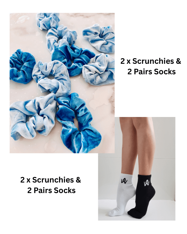 Set of blue scrunchies and socks with text indicating quantity on a white background.