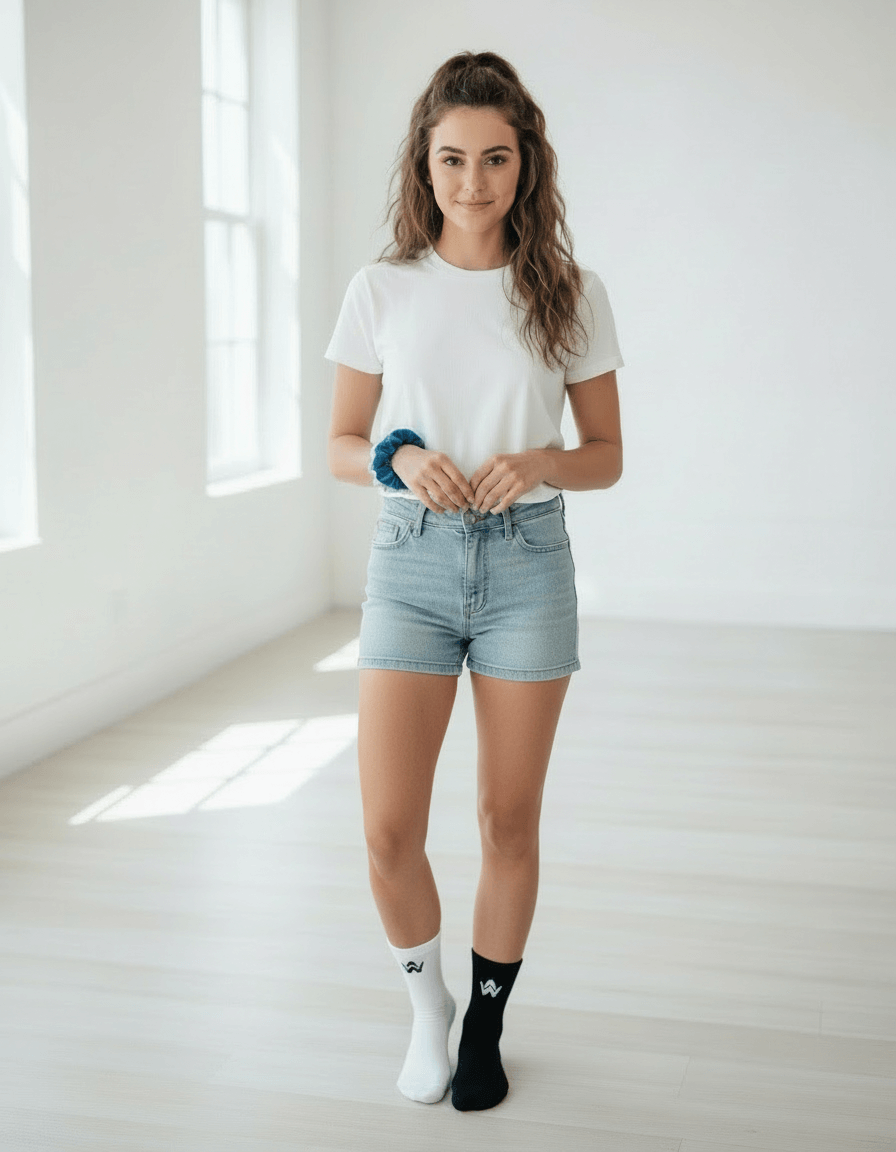 Woman wearing a white t-shirt, light blue denim shorts, and black and white socks in a bright room.