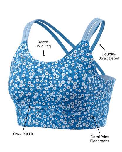 Blue floral sports bra with features labeled on a white background