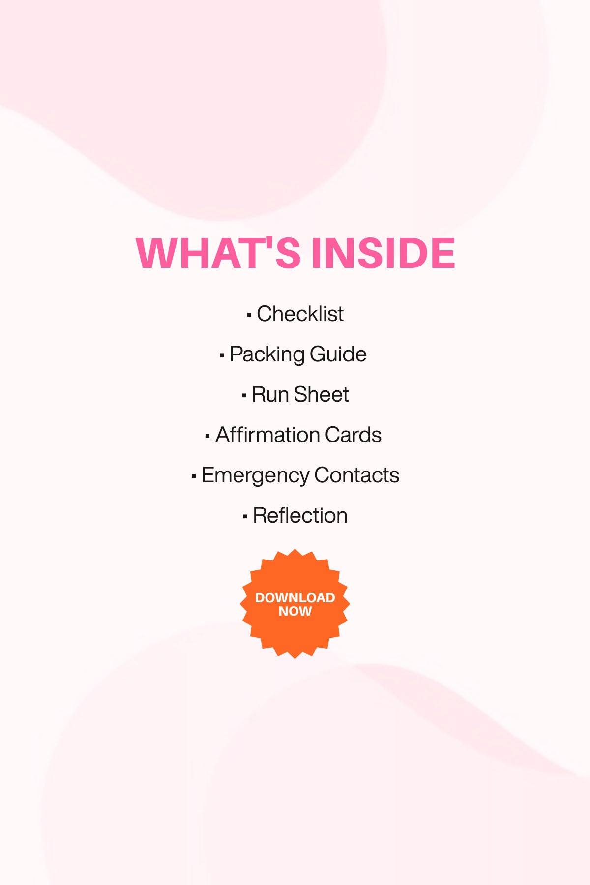 Text on a white background with pink gradient, listing items and a 'Download Now' button.