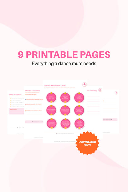Promotional graphic for 9 printable pages for dance moms with a download now button on a pink background.