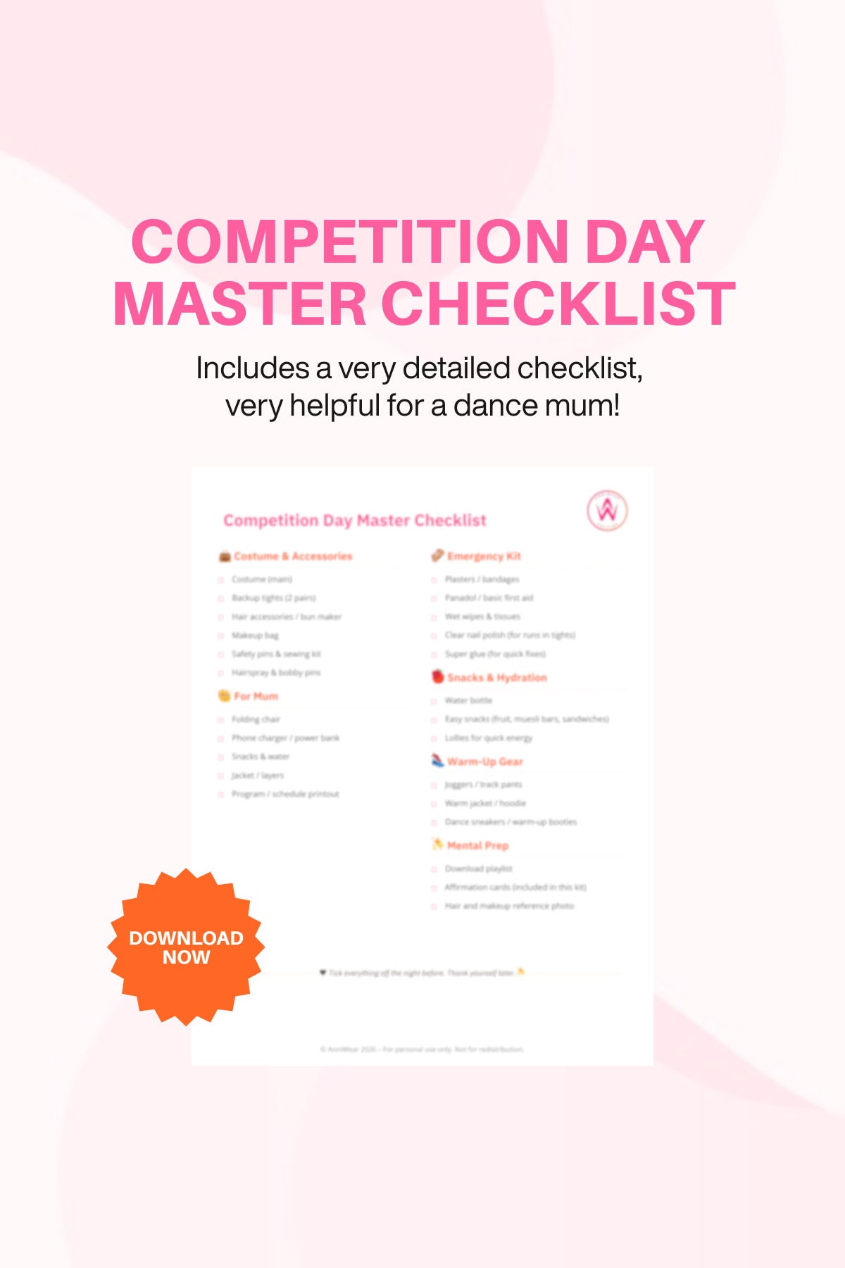 Promotional graphic for a 'Competition Day Master Checklist' with text and a download button on a pink background.