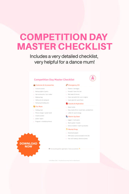 Promotional graphic for a 'Competition Day Master Checklist' with text and a download button on a pink background.