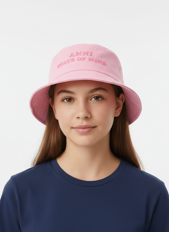 Girl wearing a pink bucket hat with text on a white background