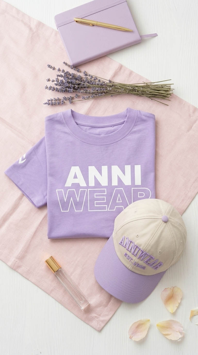 flat lay of anniwear crop tee and pastel purple varsity cap on a minimalist girly background.