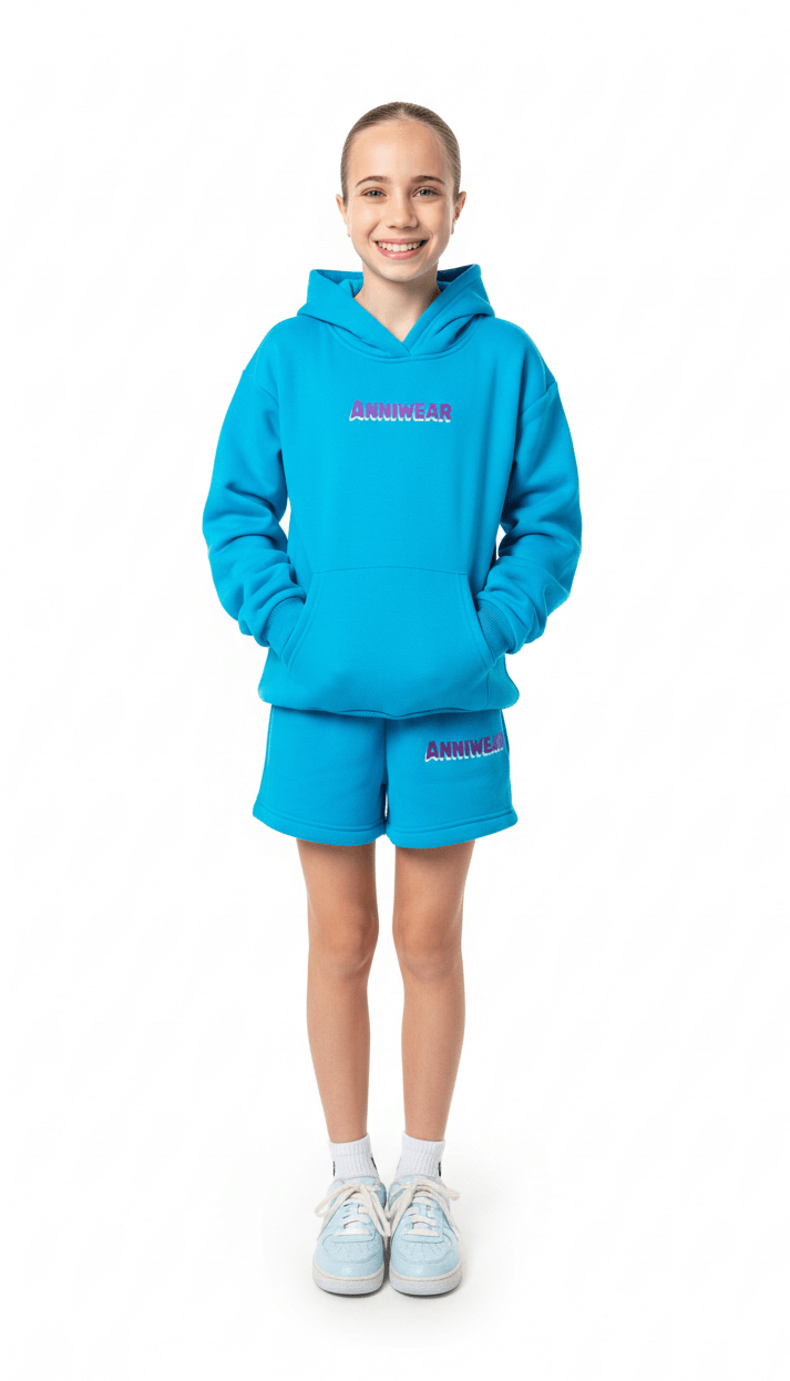 Child wearing a blue hoodie and shorts set with visible branding on a white background