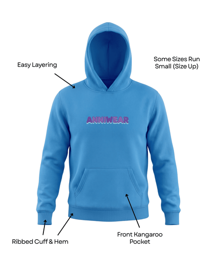 A blue hoodie with 'Anniwear' logo