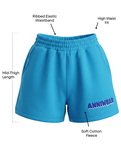 Blue sweat shorts with a logo on a plain background