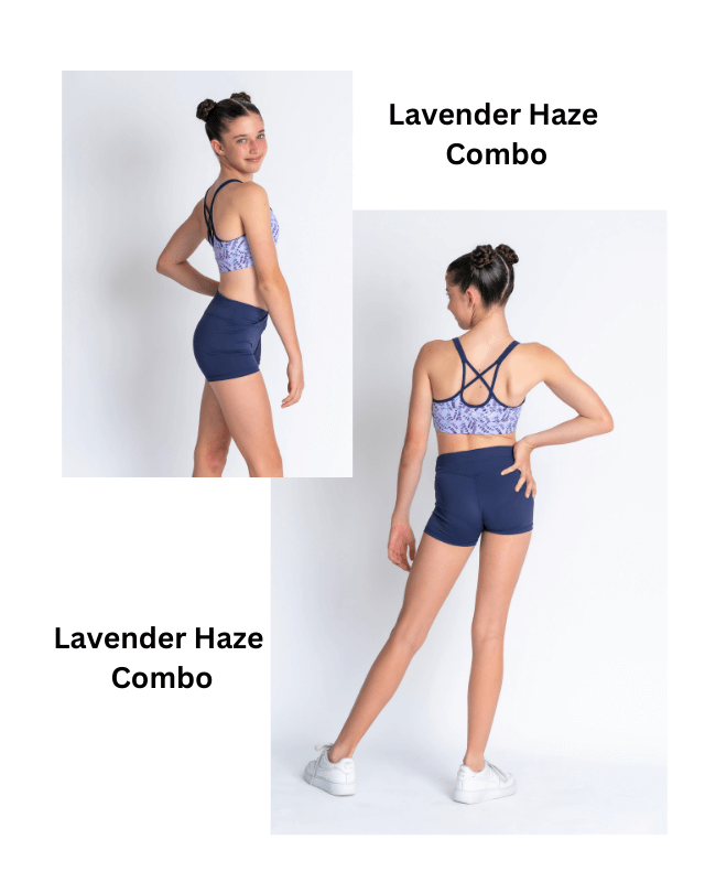 Woman modeling lavender and blue sports bra and shorts set on a white background with 'Lavender Haze Combo' text.