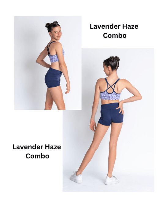 Woman modeling lavender and blue sports bra and shorts set on a white background with 'Lavender Haze Combo' text.