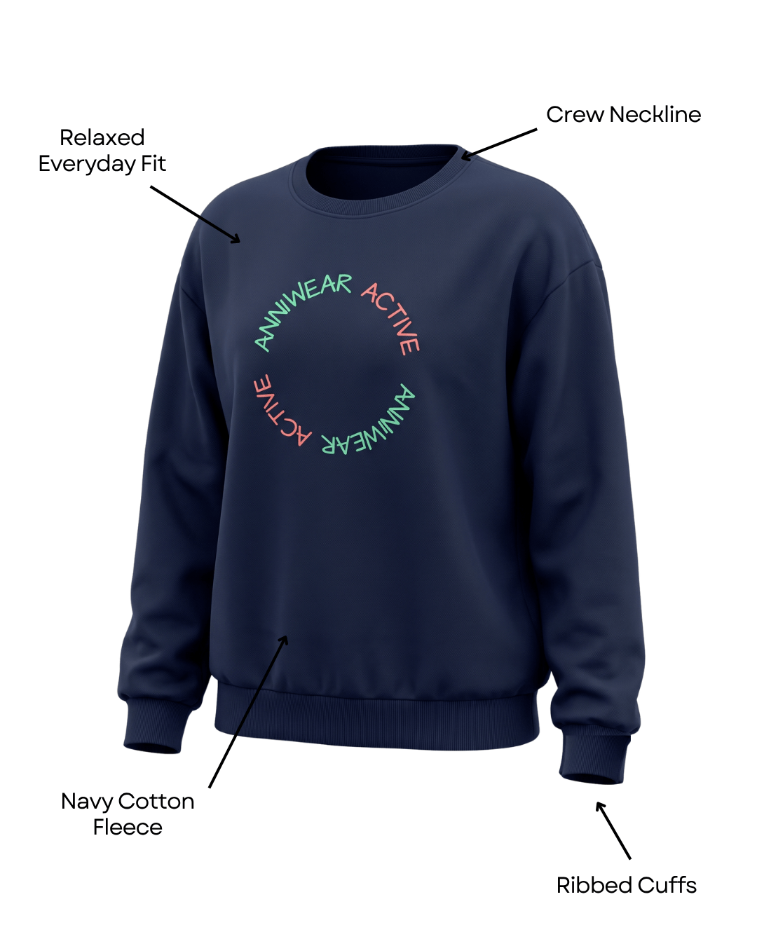 Navy blue jumper with 'ANNIWEAR ACTIVE' logo on a white background