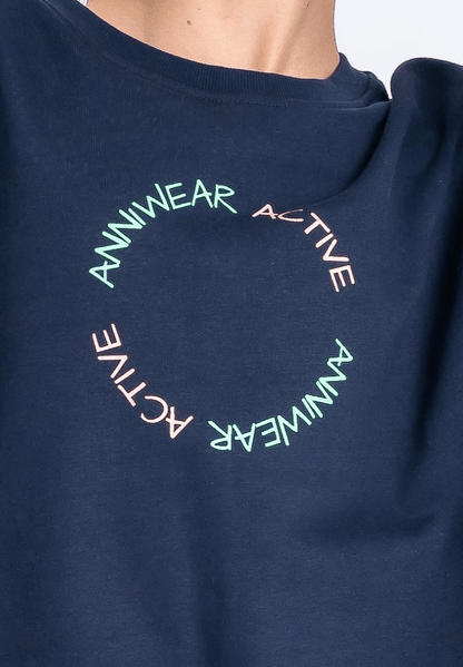Navy blue sweatshirt with colorful 'ANNIWEAR ACTIVE' logo on a white background