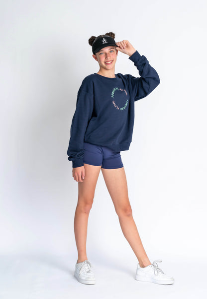 Navy blue sweatshirt with text on a plain background