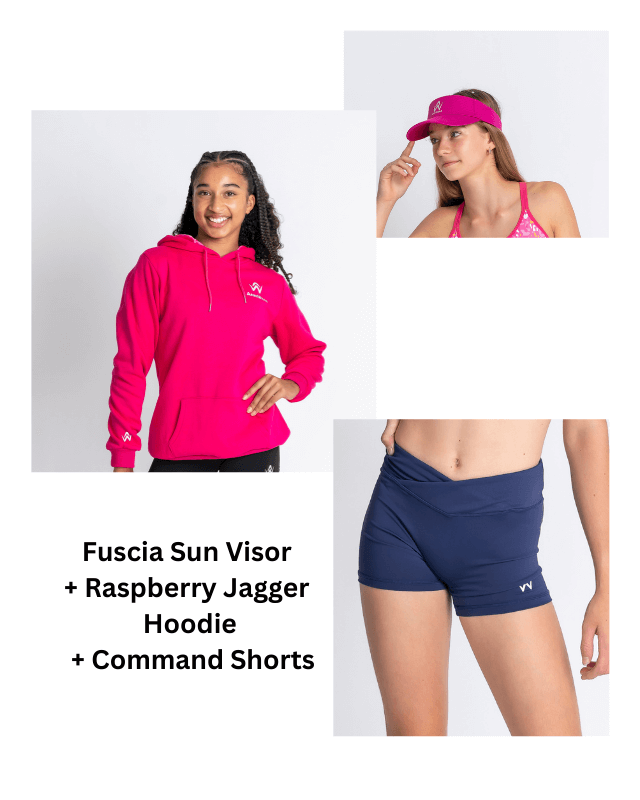 Collage of a woman wearing a raspberry jagger hoodie, navy shorts, and a fuscia sun visor on a white background.