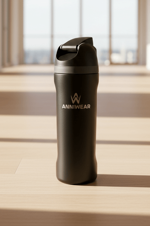 Black water bottle with 'ANNIWEAR' logo on a wooden surface