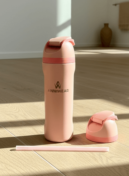 Pink thermos bottle with cap and straw on a wooden floor