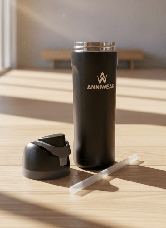 Black thermos with straw on a wooden surface, featuring the ANNIWEAR brand.