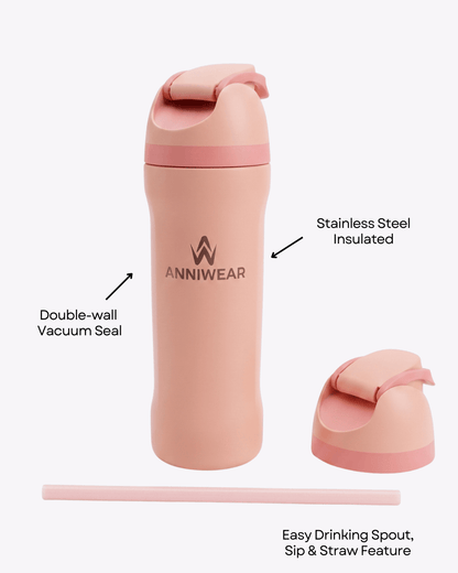 Pink insulated stainless steel water bottle with features highlighted on a white background