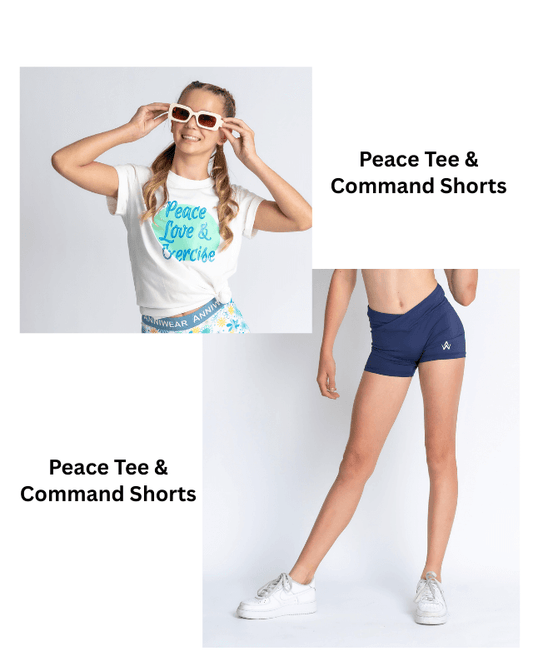 Person wearing a 'Peace Love Exercise' t-shirt and blue shorts on a white background