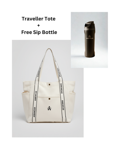 White tote bag with black text and a black sip bottle on a light gray background