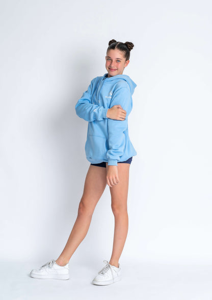 Light blue hoodie with logo on a white background
