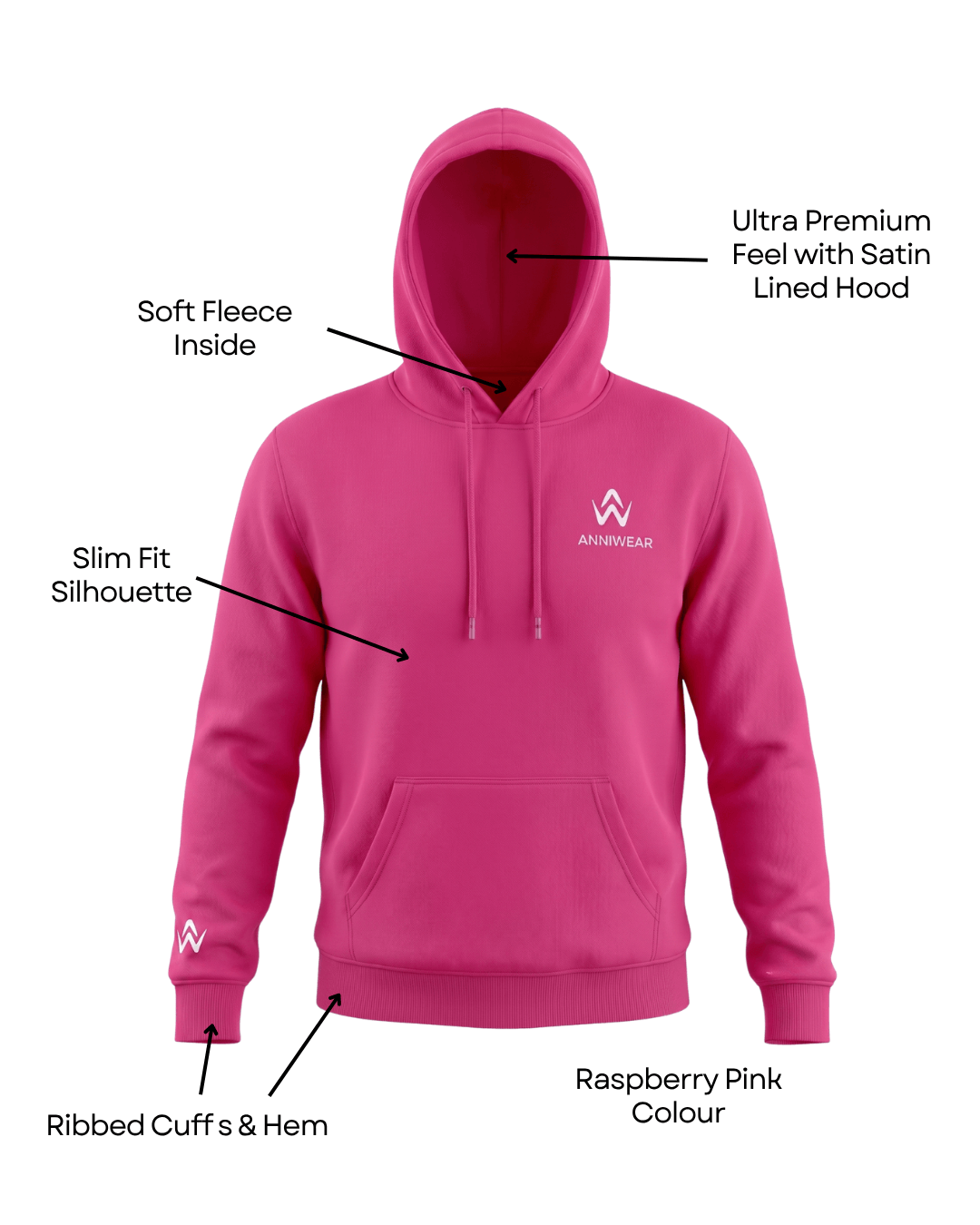 Bright pink hoodie with a logo on a white background