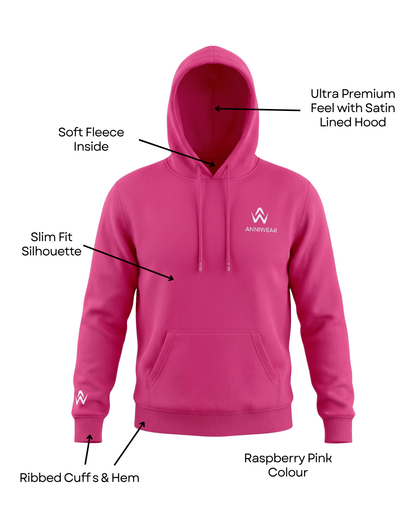 Bright pink hoodie with a logo on a white background