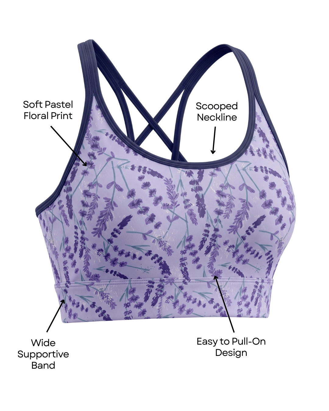 Purple floral sports bra with text labels on a white background