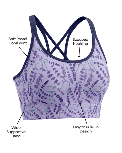 Purple floral sports bra with text labels on a white background