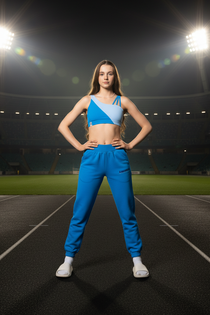 Person in blue athletic outfit standing on a track and field stadium