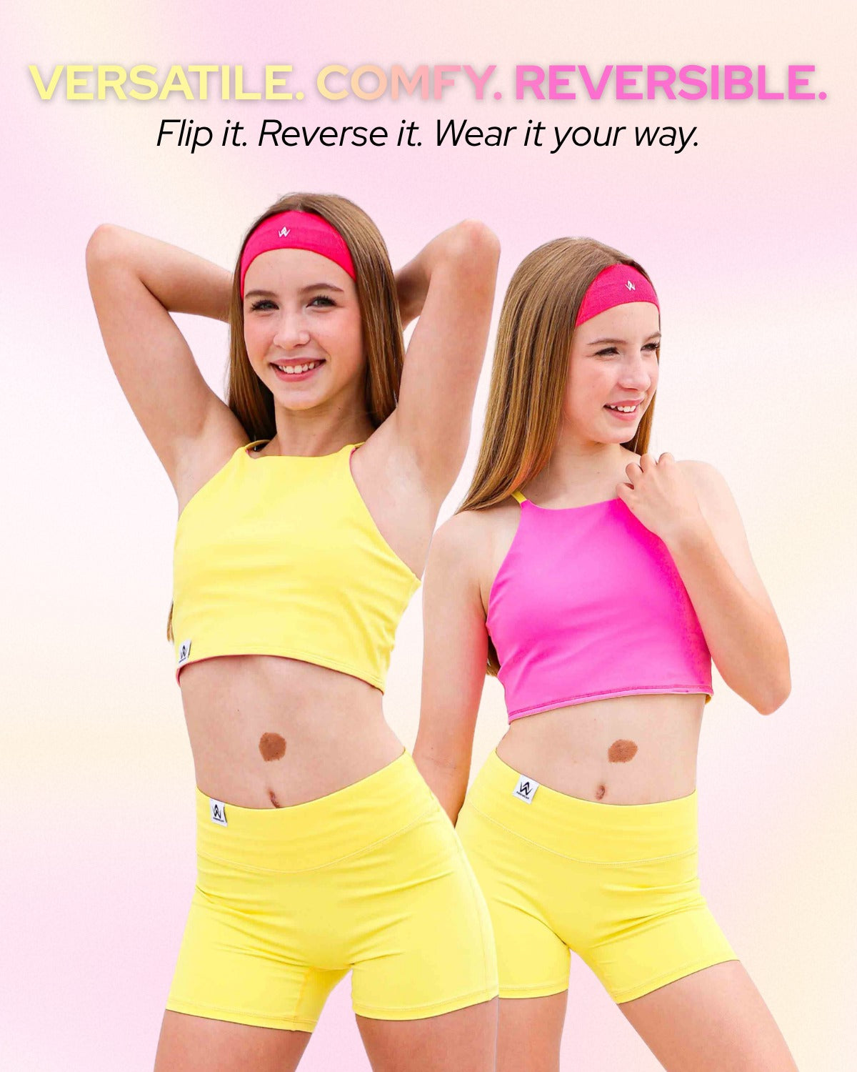 Two girls modeling bright athletic crop tops and shorts in neon yellow and pink, wearing matching pink headbands, against a soft pink gradient background with promotional text at the top.