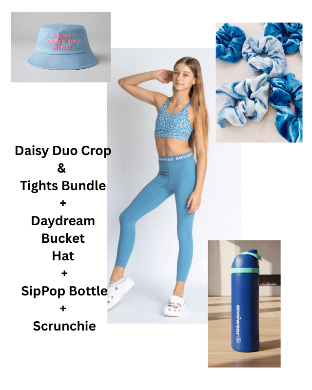 Collage of blue athletic wear and accessories with text overlay.