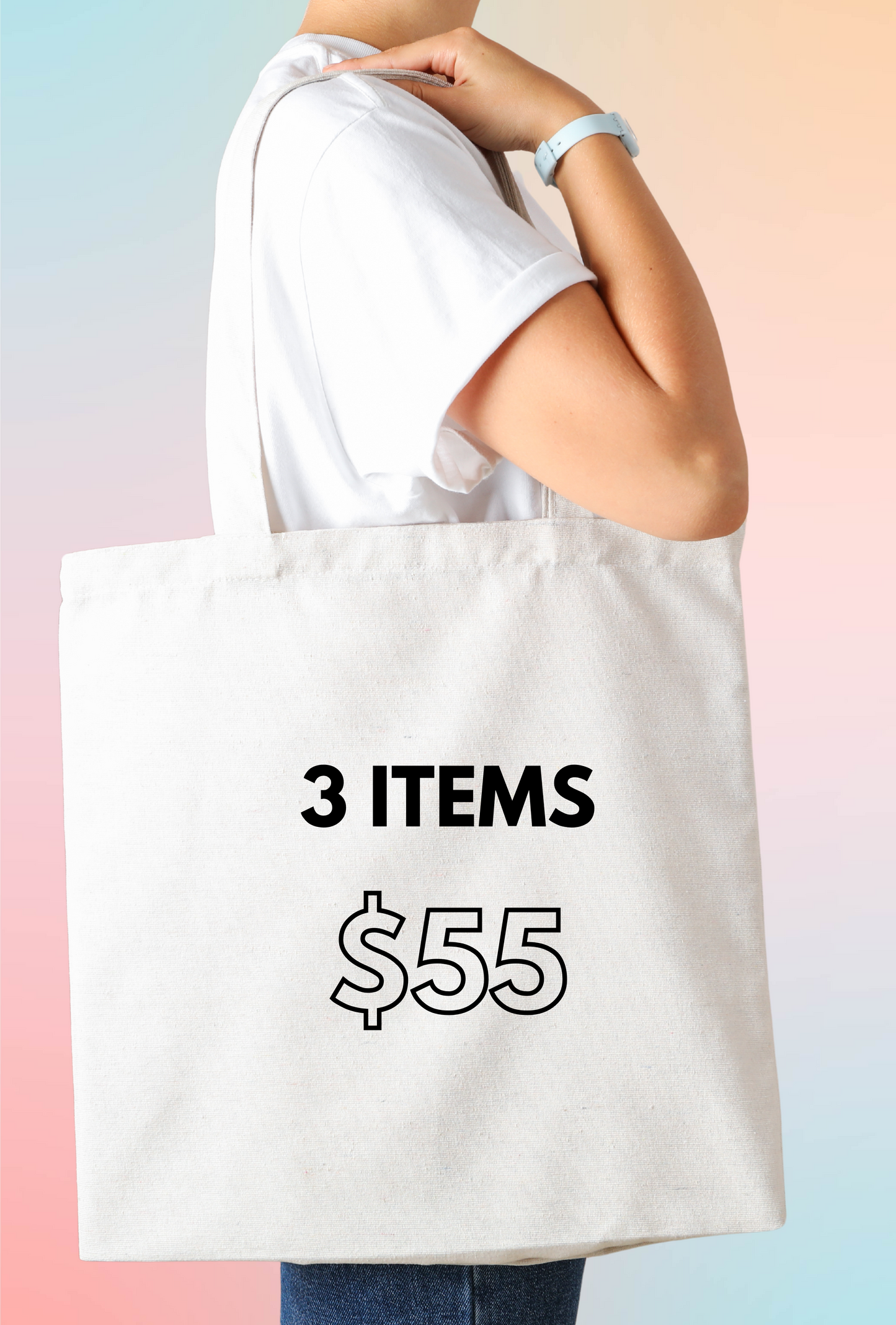 Person holding a white tote bag with text on a gradient background