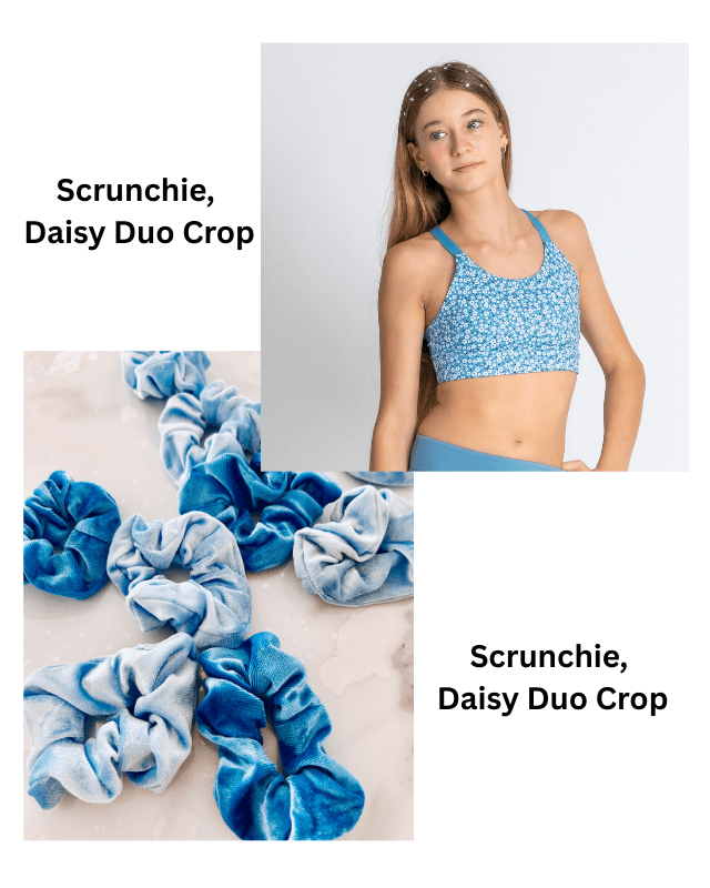 Blue scrunchies with a person wearing a blue sports bra and leggings on a light gray background.