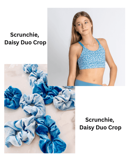 Blue scrunchies with a person wearing a blue sports bra and leggings on a light gray background.