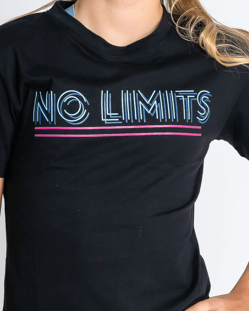 Black t-shirt with 'NO LIMITS' text in colorful letters on a white background