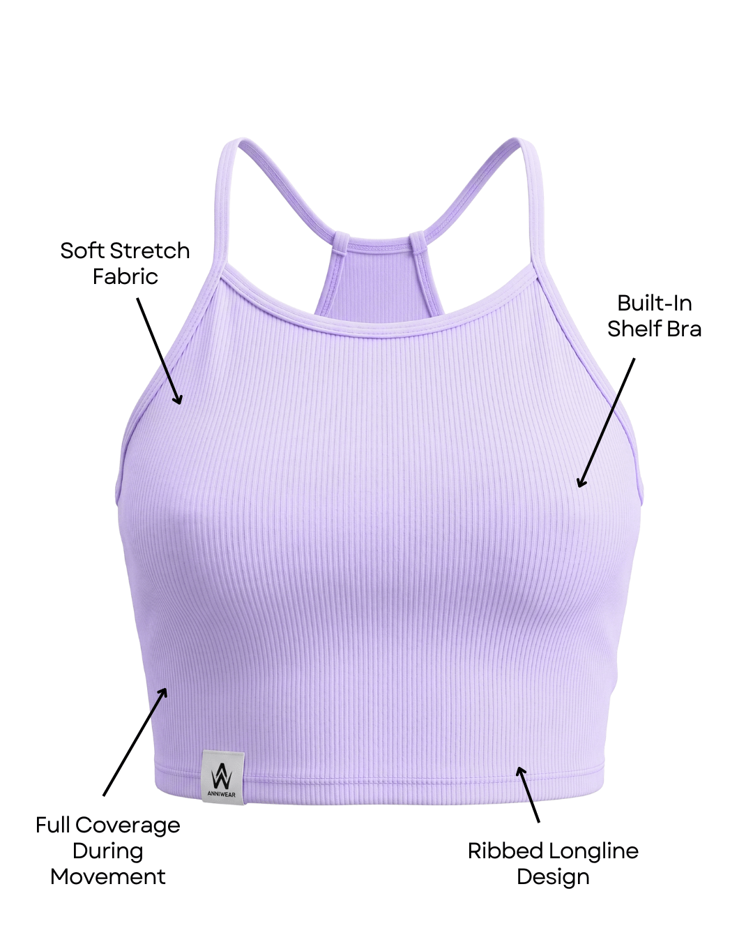 Lavender sports bra with text labels on a white background