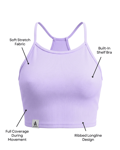 Lavender sports bra with text labels on a white background