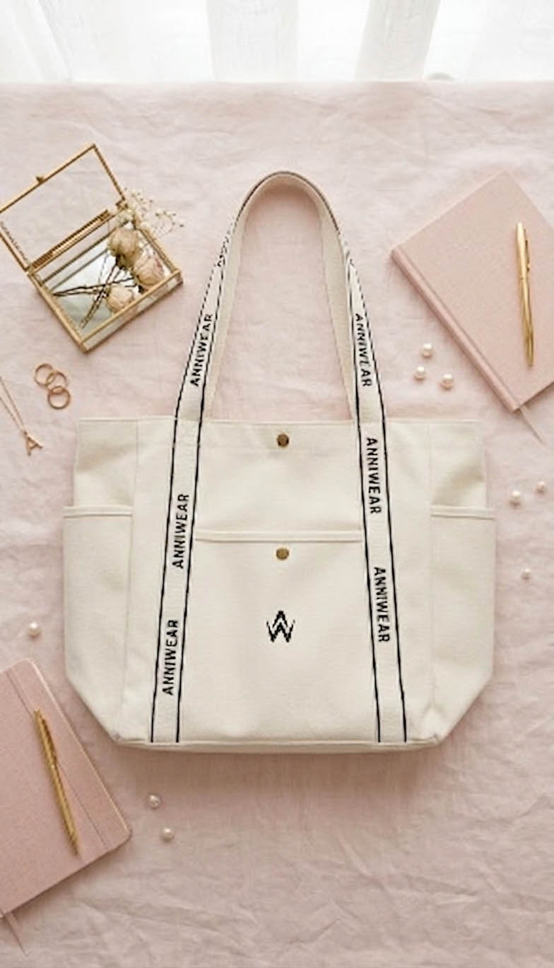 White tote bag with black text on a light pink surface