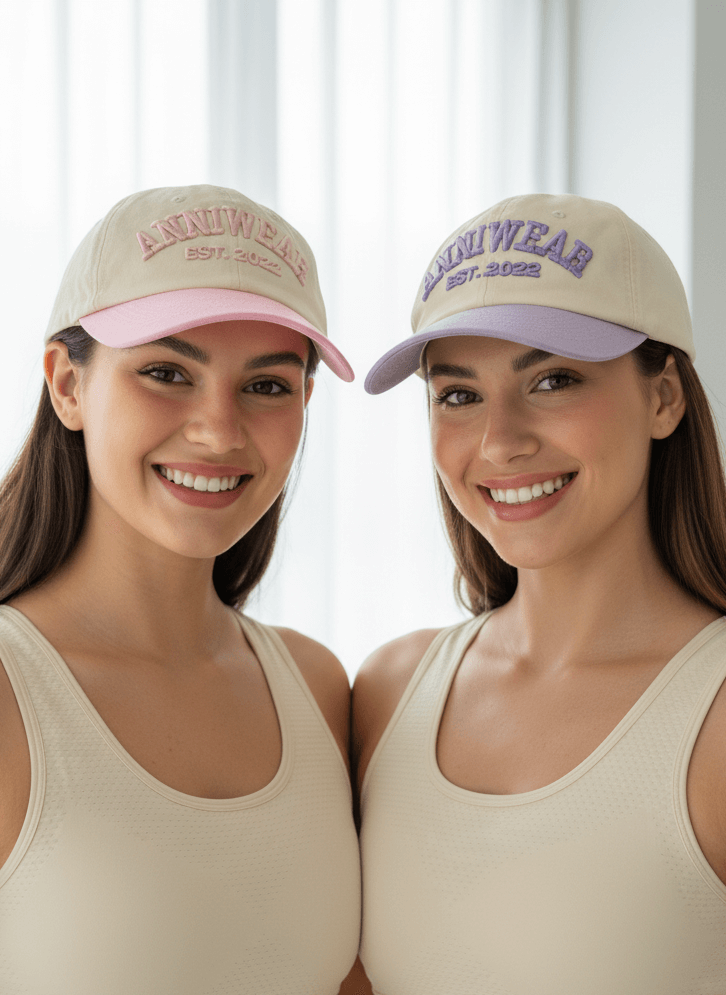 Two girls wearing beige caps with visible branding against a white curtain background